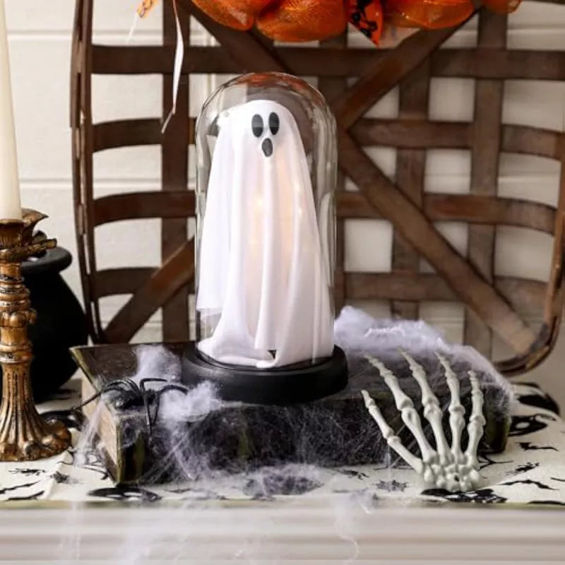 Indoor-Light Up Ghost in Glass Cloche-Cute Ghost with Light