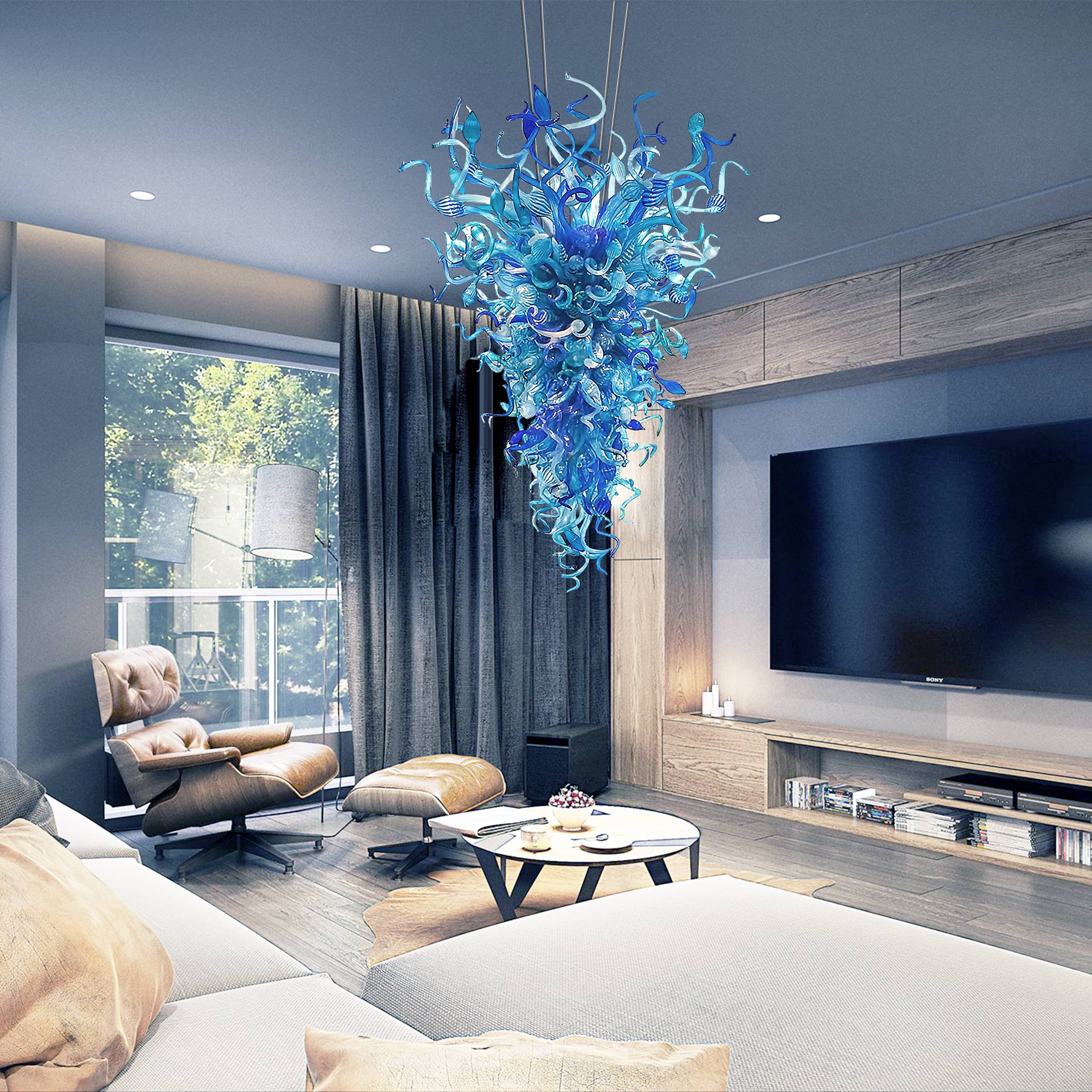 Chihuly Style Blown Glass Chandelier Large Blue Art Decor