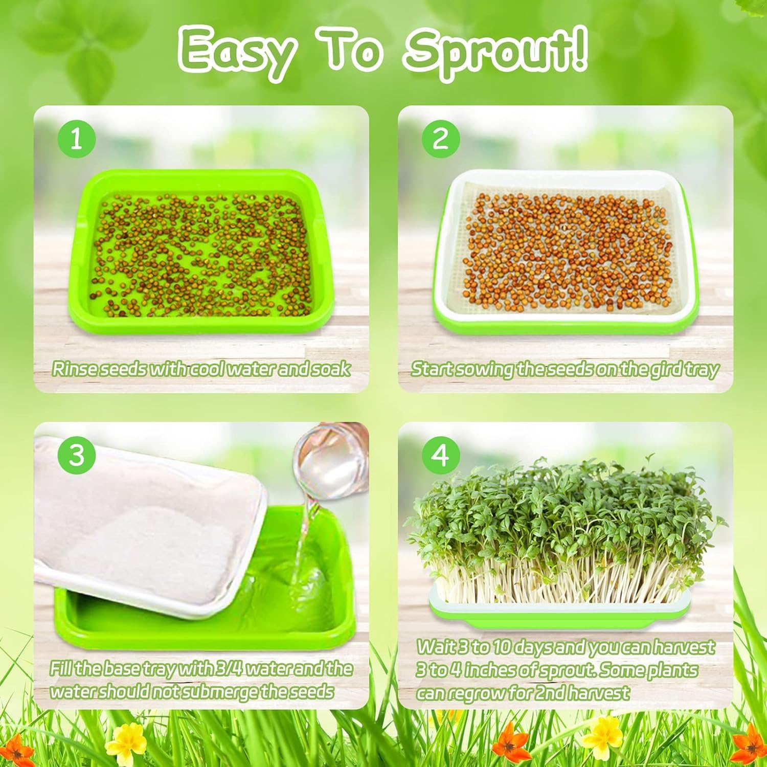 10 Pack Green Seed Sprouter Trays- Soil-Free Cultivation Germination Tray