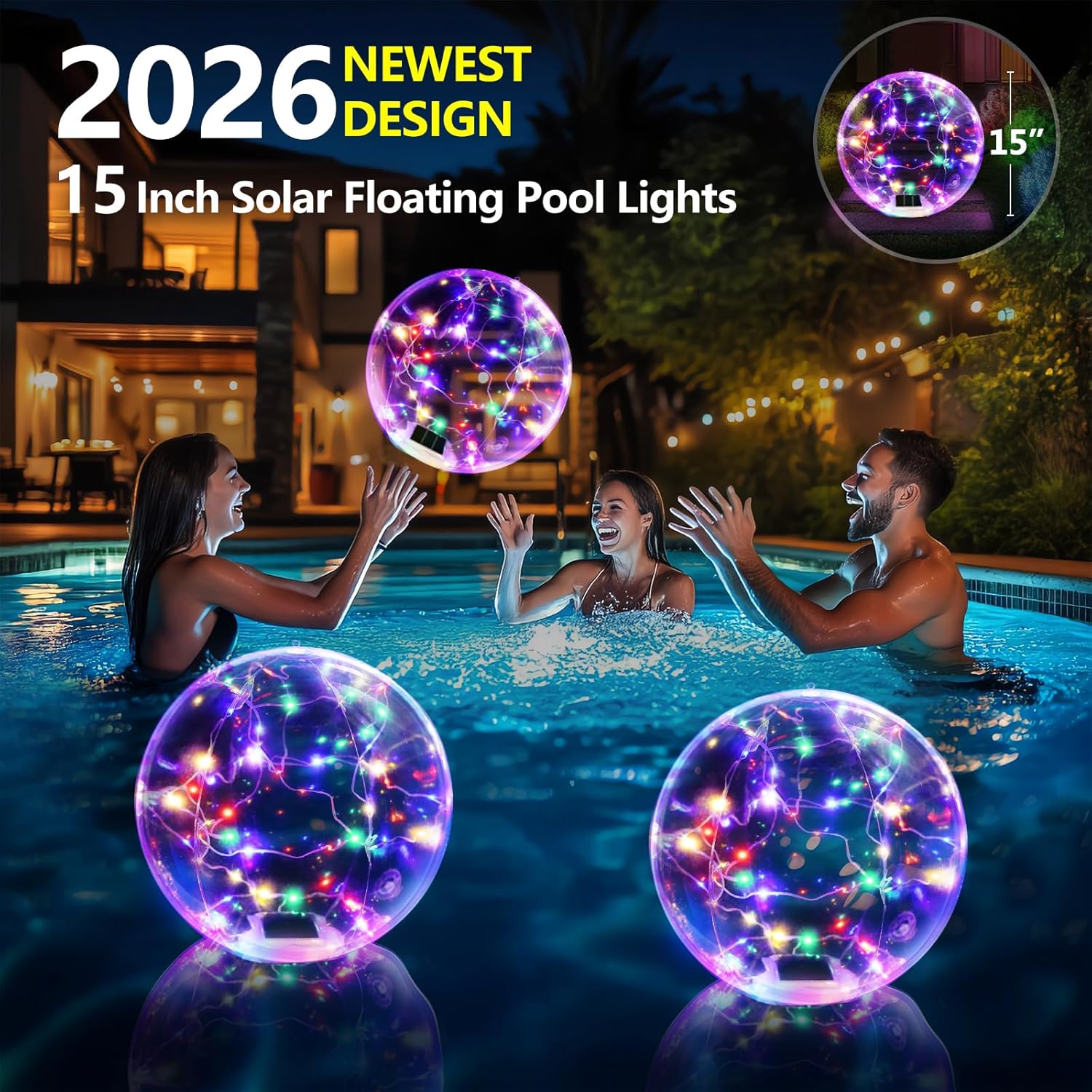 14 Inch LED Solar Floating Pool Lights Waterproof 3000K-D1