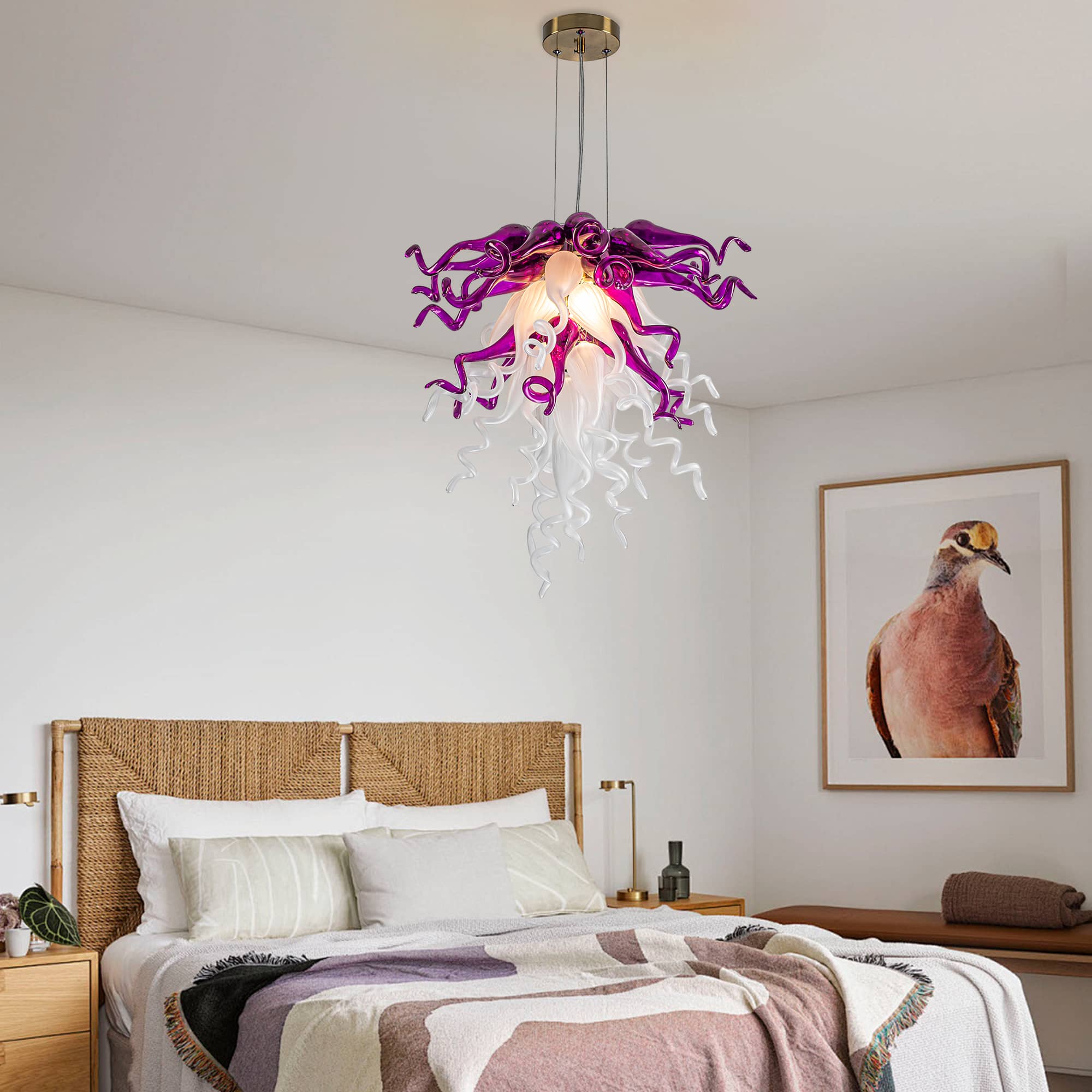 Blown Glass Chandelier Chihuly Style Purple And White