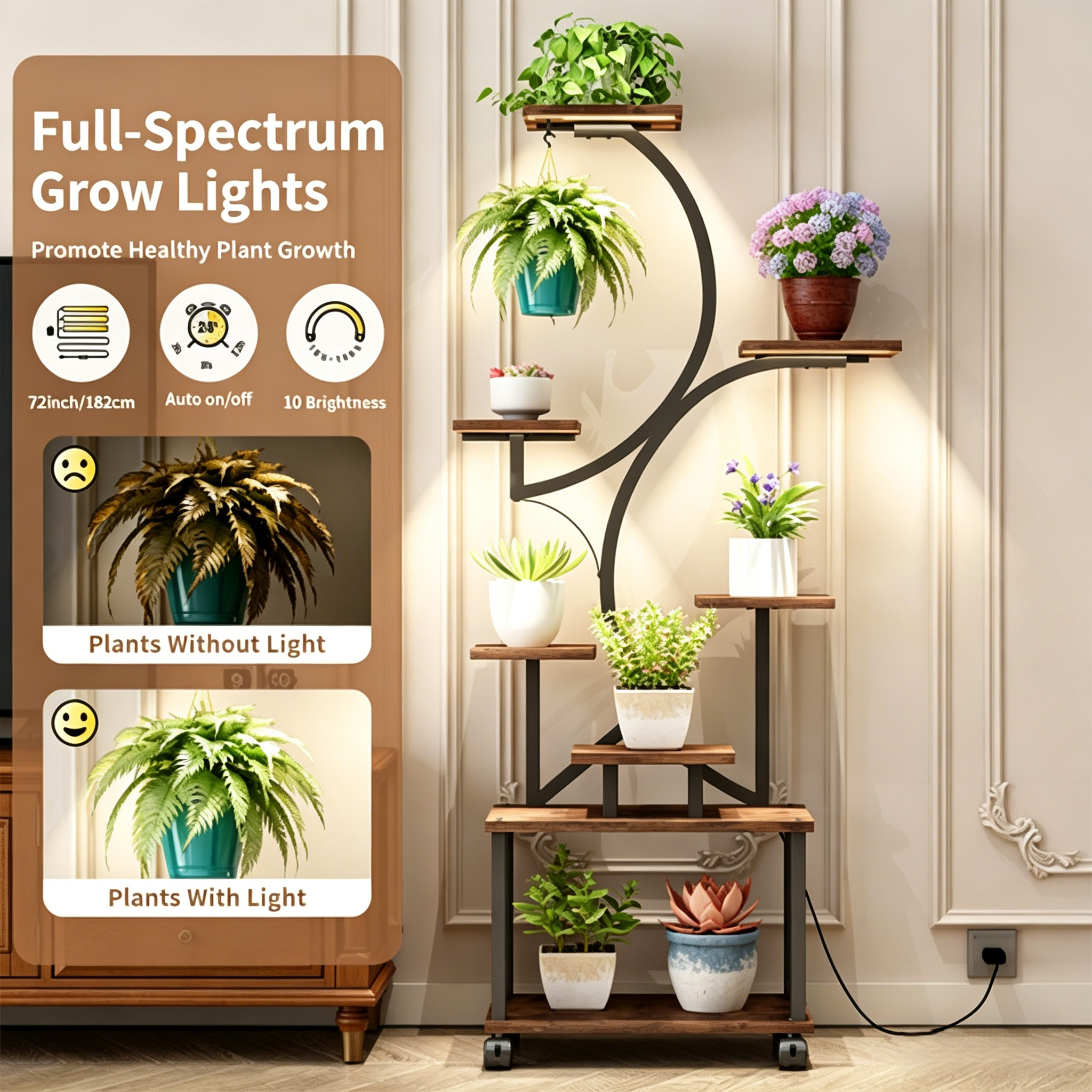 62" Tall Plant Shelf Lighted Corner Plant Stands for Indoor Growing