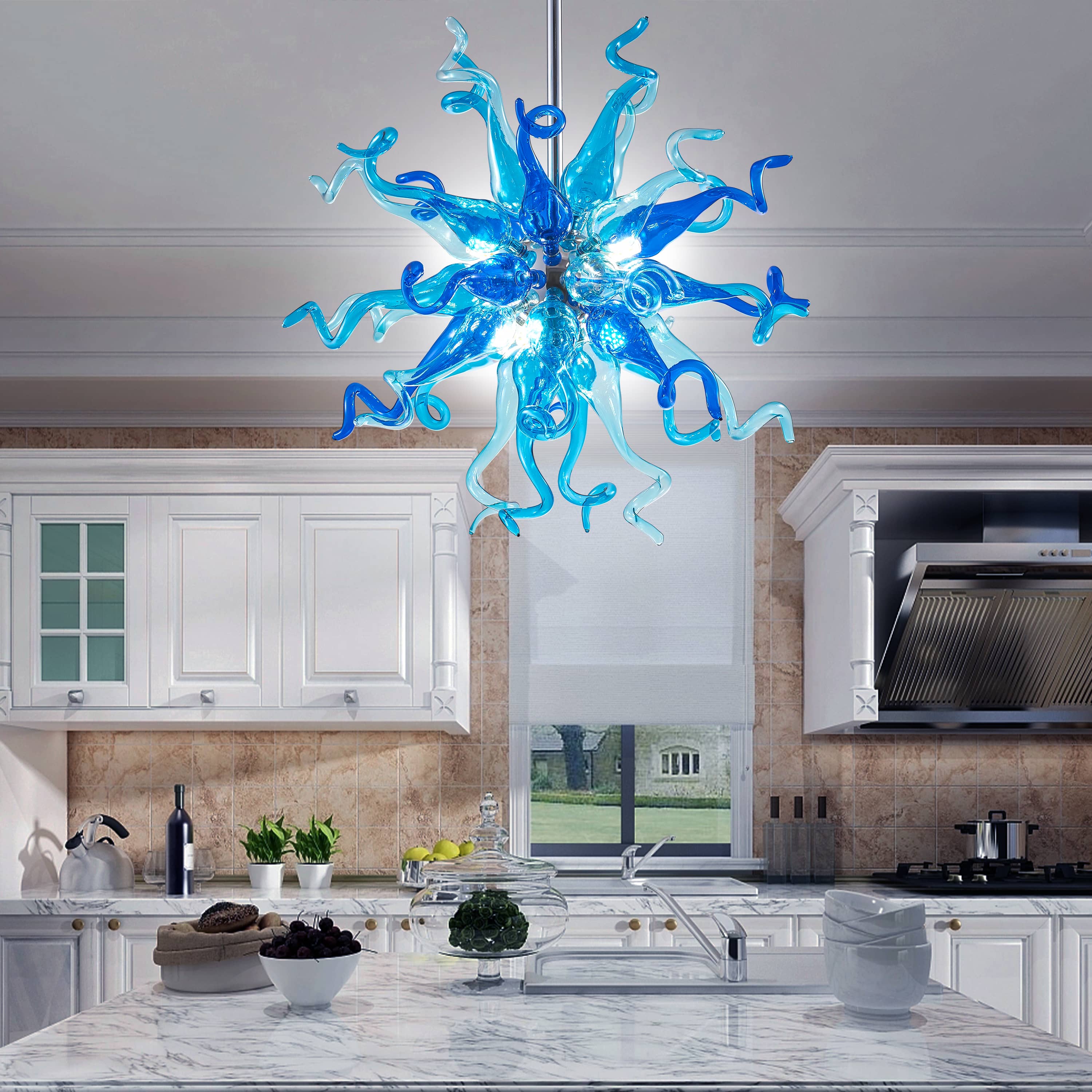 Chihuly Style Blown Glass Chandeliers Light Azure&Blue Sputnik Shape