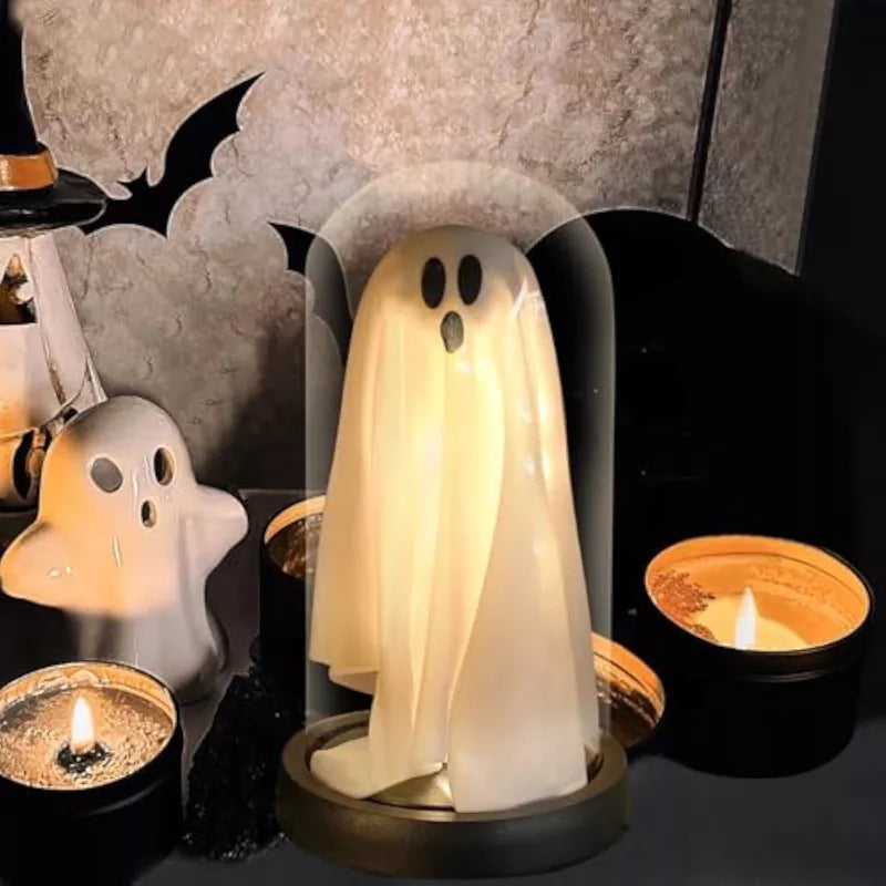 Indoor-Light Up Ghost in Glass Cloche-Cute Ghost with Light