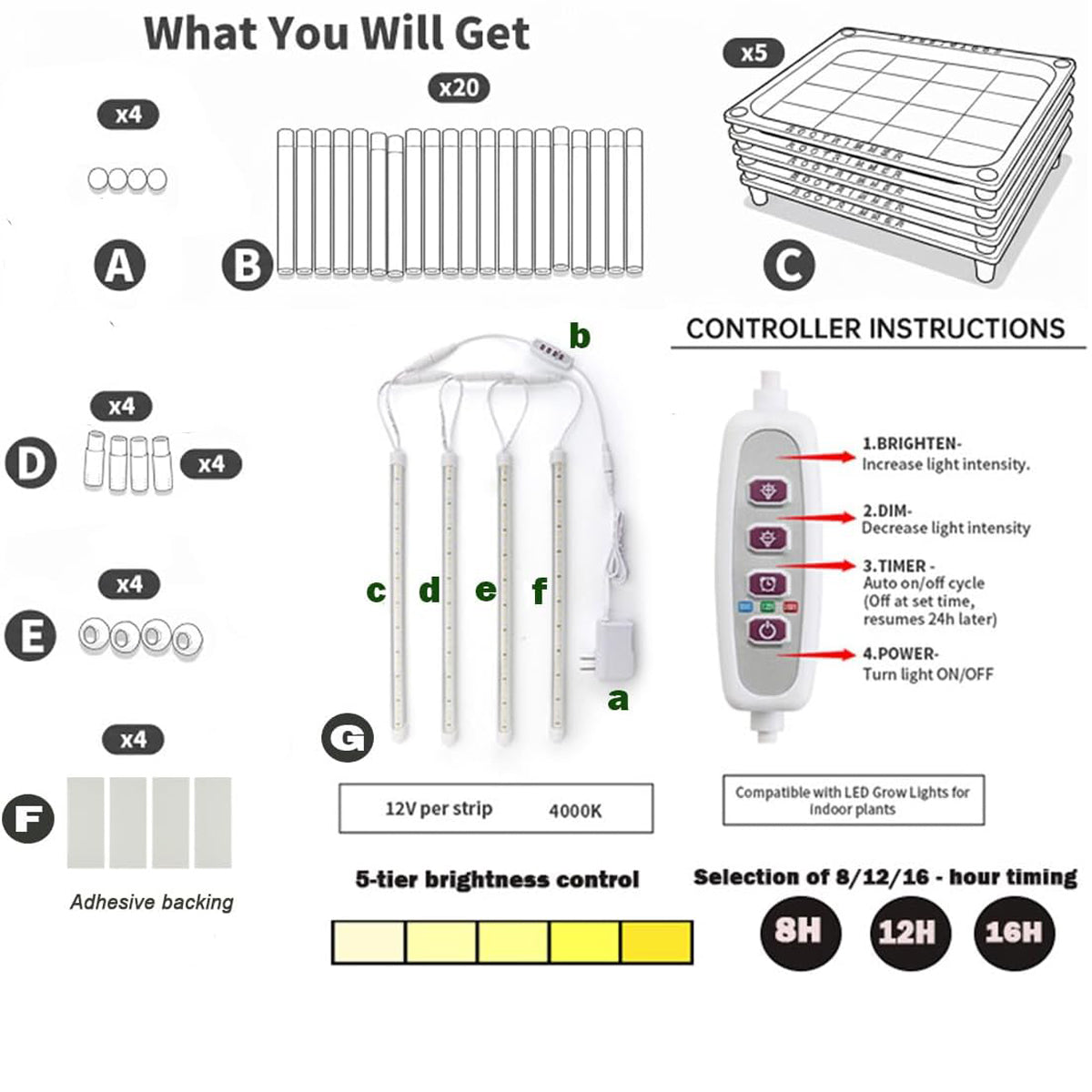5-Tier Seed Starter Trays Plant Stand with LED Grow Light (Auto-Timer)