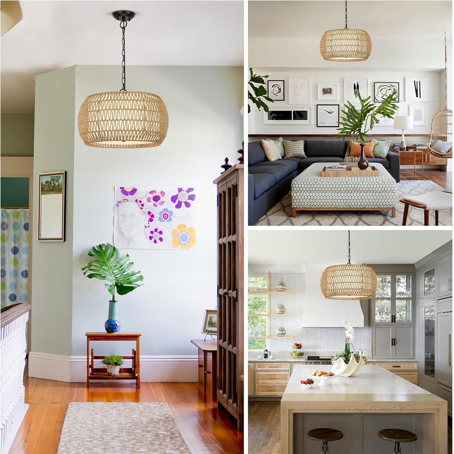 Rattan Farmhouse Chandelier Light Fixtures 5-Lights Boho Large Pendant Light