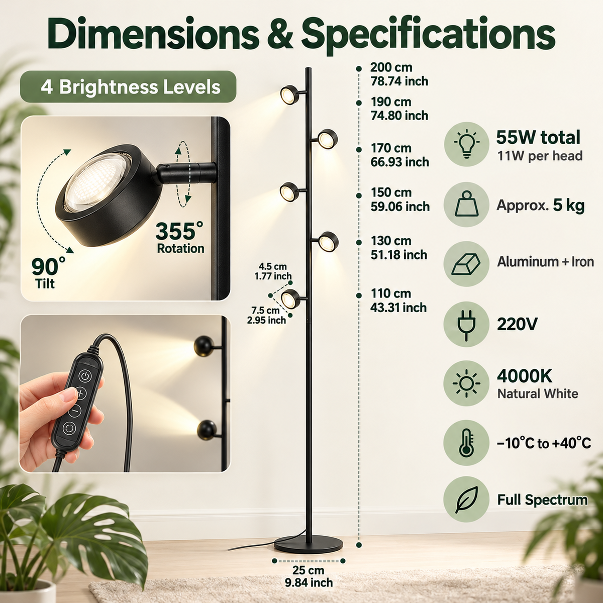 Full Spectrum Multi-Head LED Floor Grow Light for Indoor Plants - G15