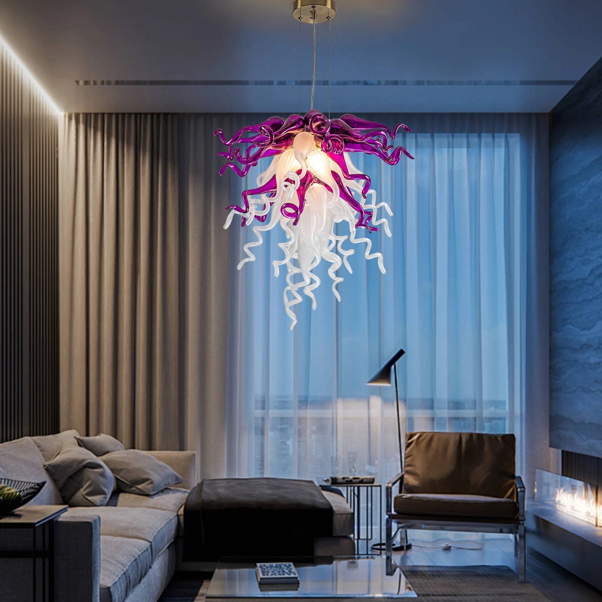 Blown Glass Chandelier Chihuly Style Purple And White