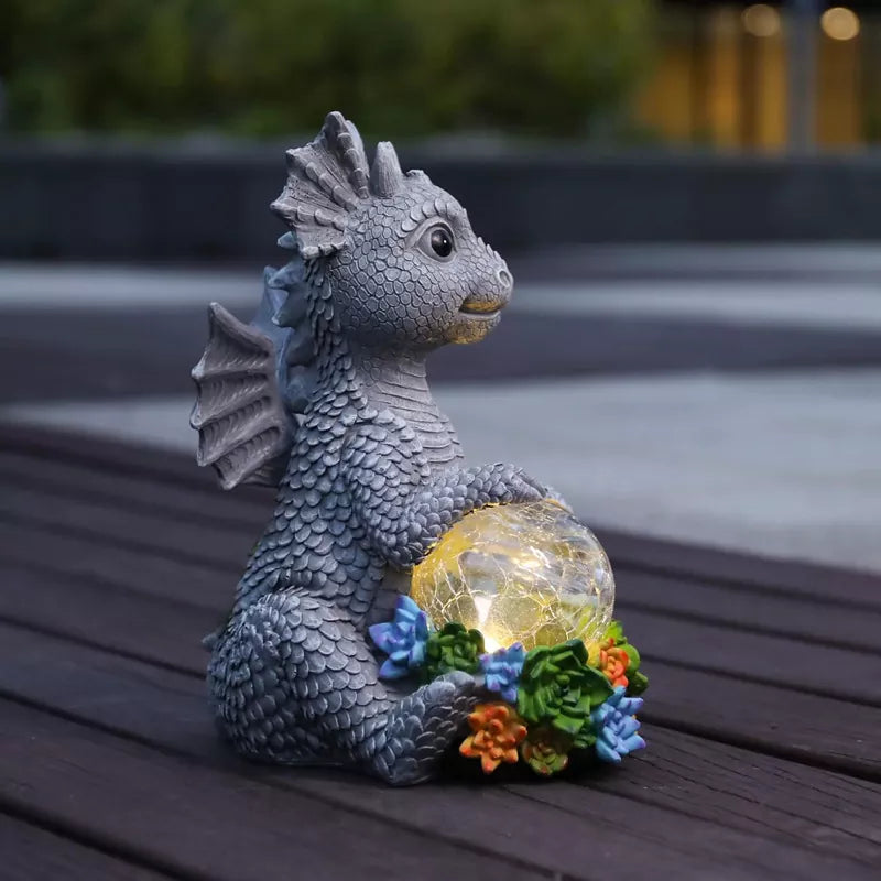 Dragon Figurine with Solar Crackle Globe Light Yard Art