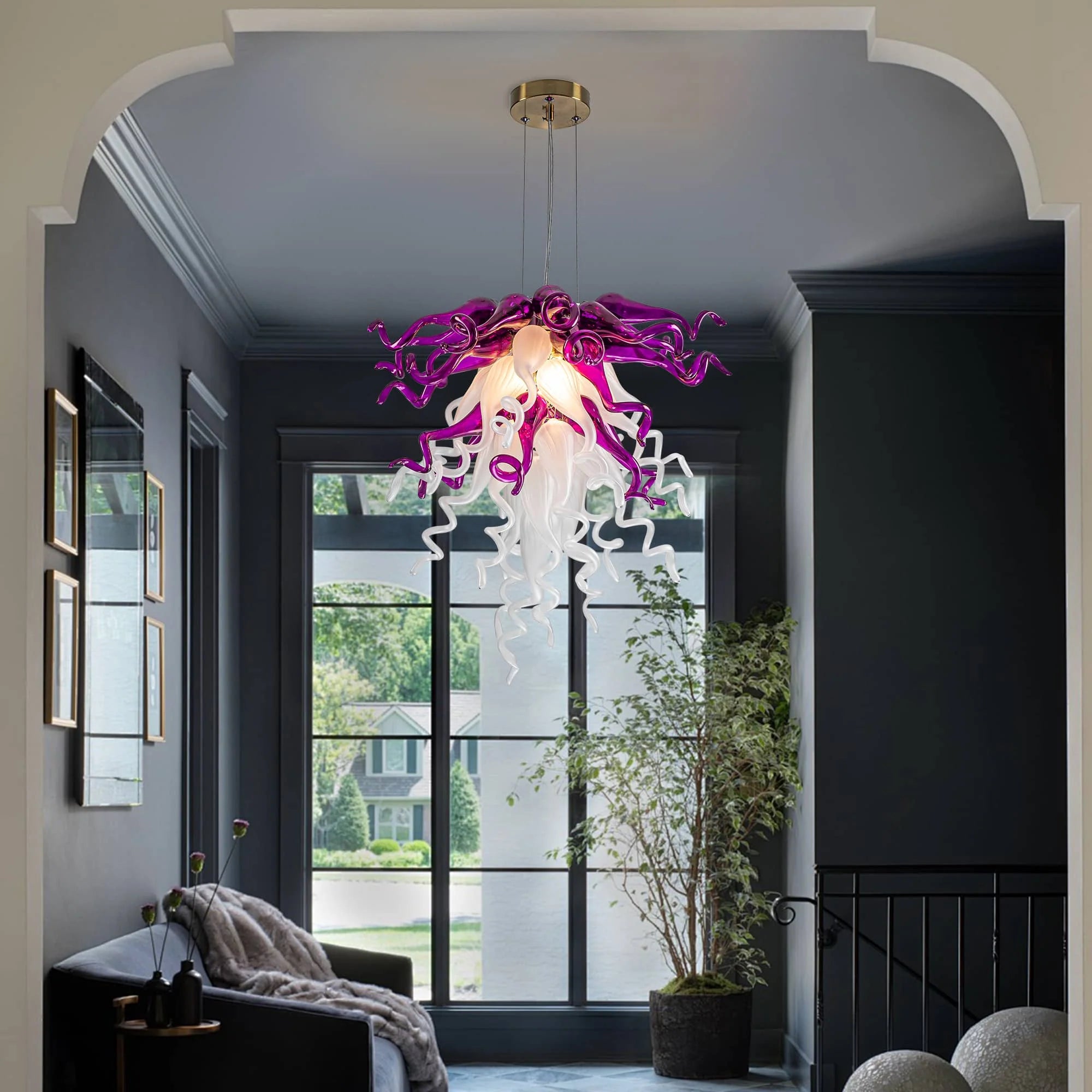Blown Glass Chandelier Chihuly Style Purple And White
