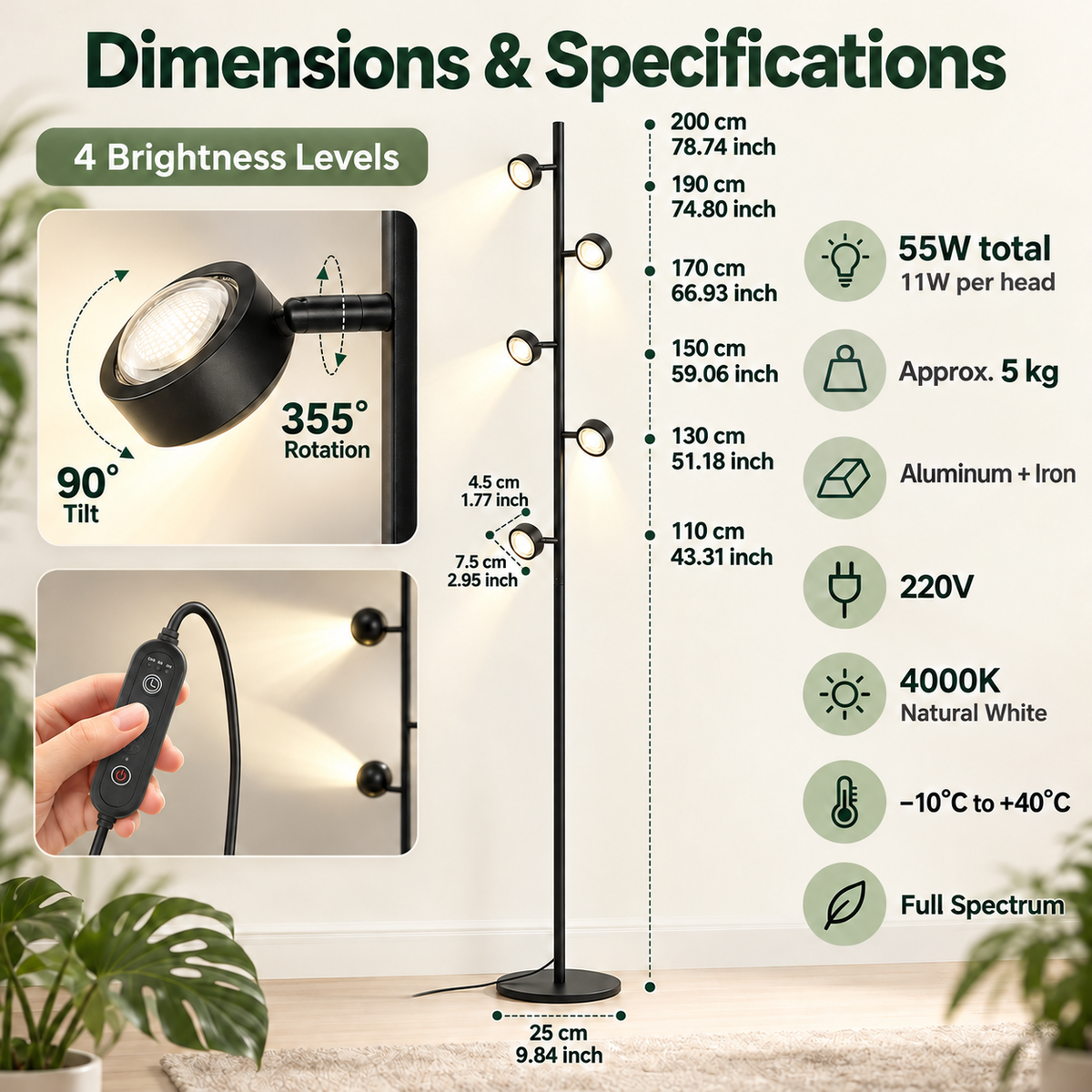 Full Spectrum Multi-Head LED Floor Grow Light for Indoor Plants - G15