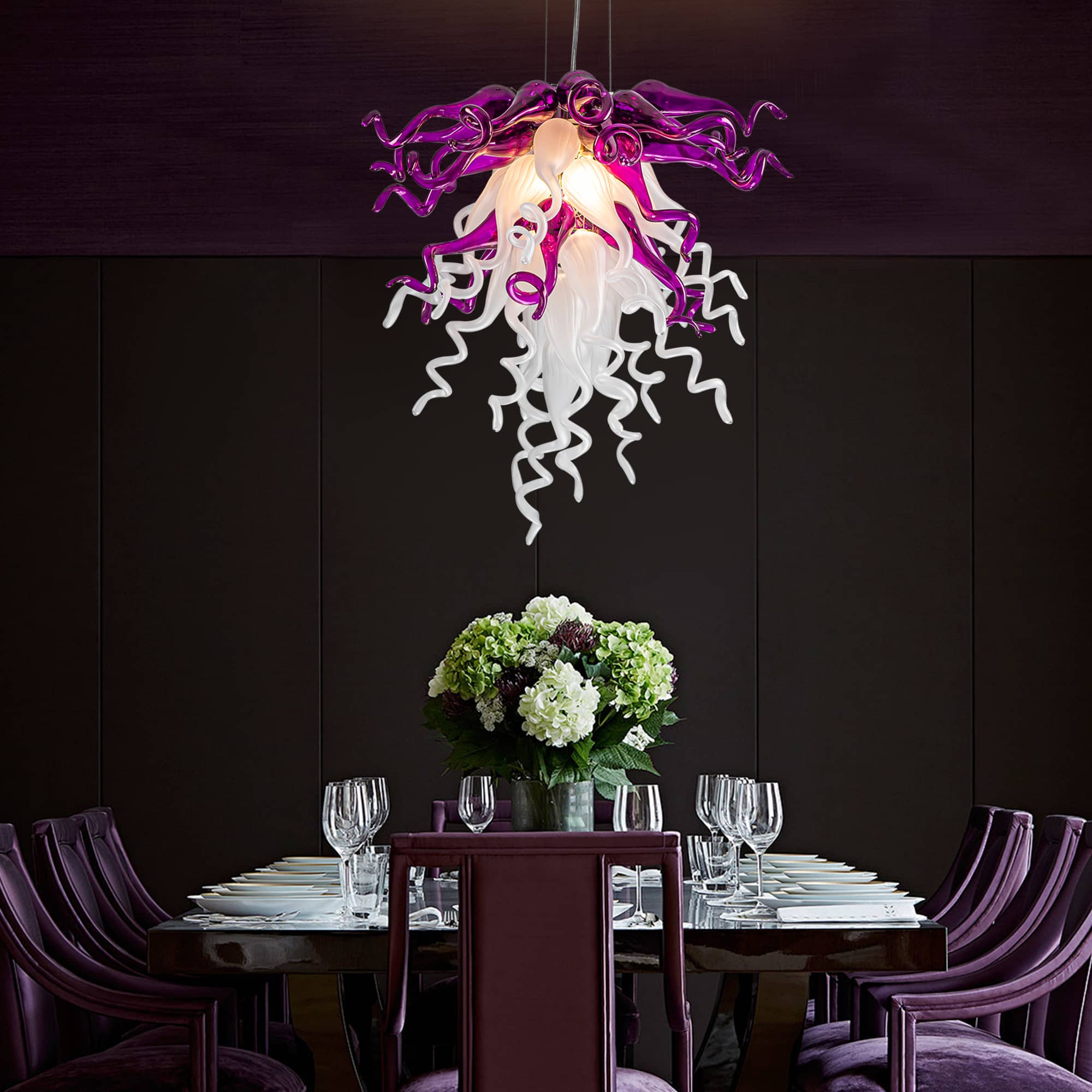 Blown Glass Chandelier Chihuly Style Purple And White