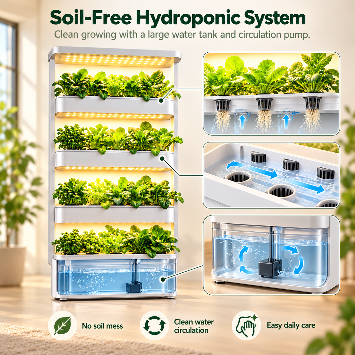 Hydroponic Vertical Vegetable Garden Growing Kit Sytem Tower 64 Holes