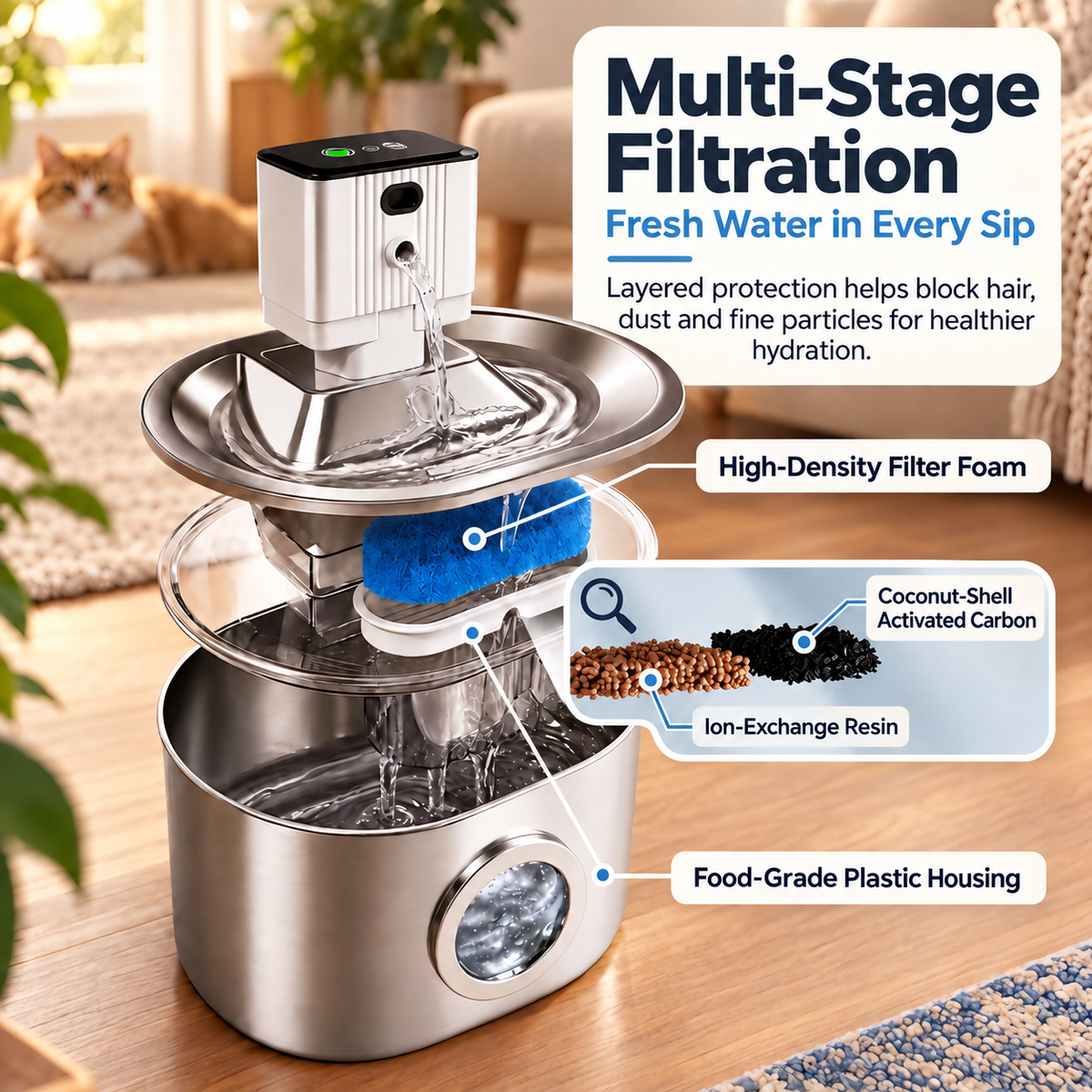 Stainless Steel Pet Water Fountain Rechargeable Filtered Cat & Dog -P3