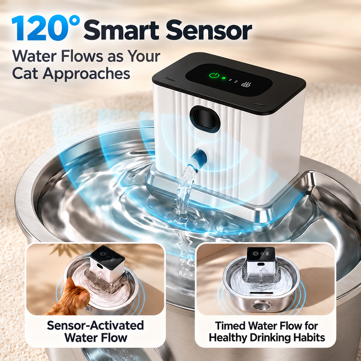 Stainless Steel Pet Water Fountain Rechargeable Filtered Cat & Dog -P3