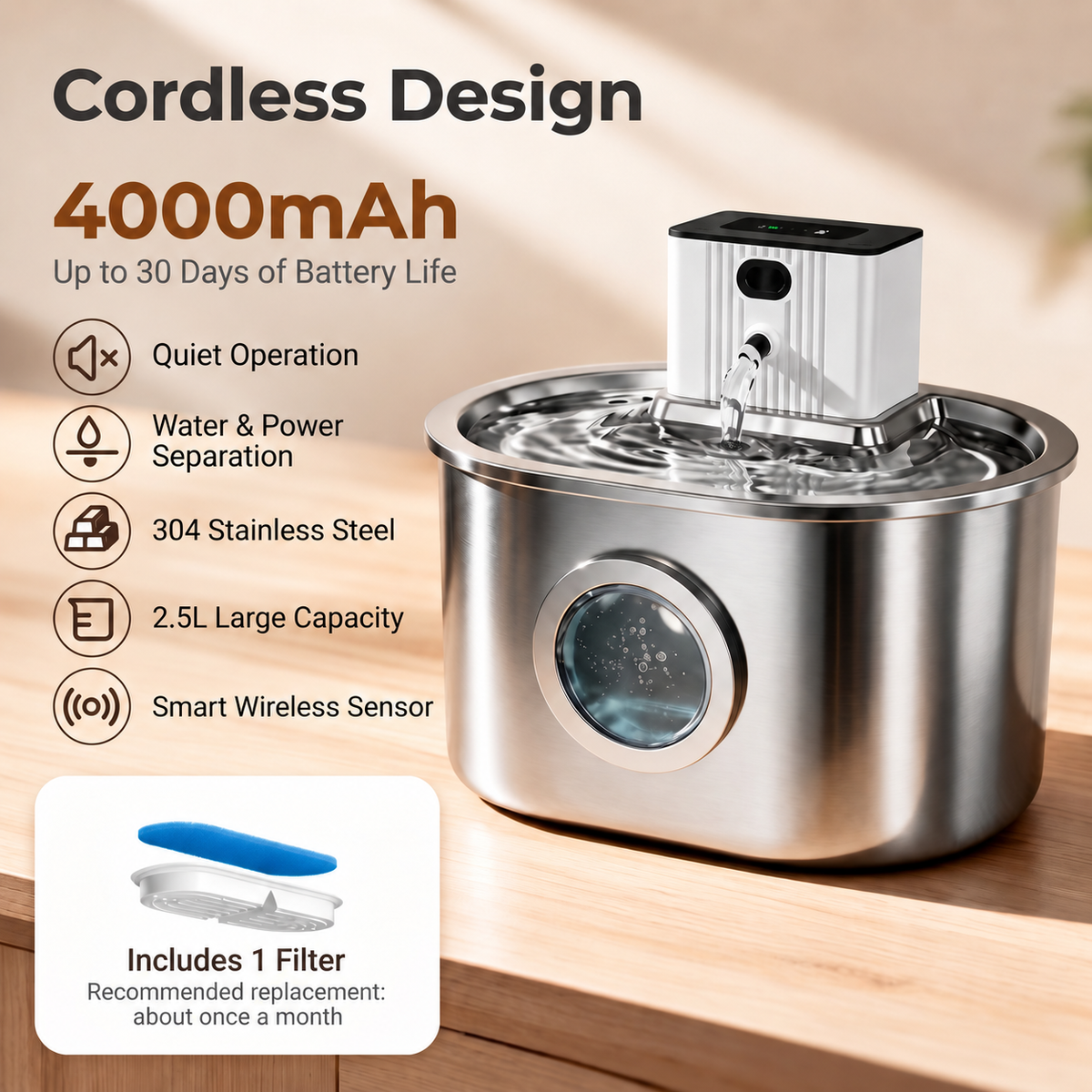 Stainless Steel Pet Water Fountain Rechargeable Filtered Cat & Dog -P3