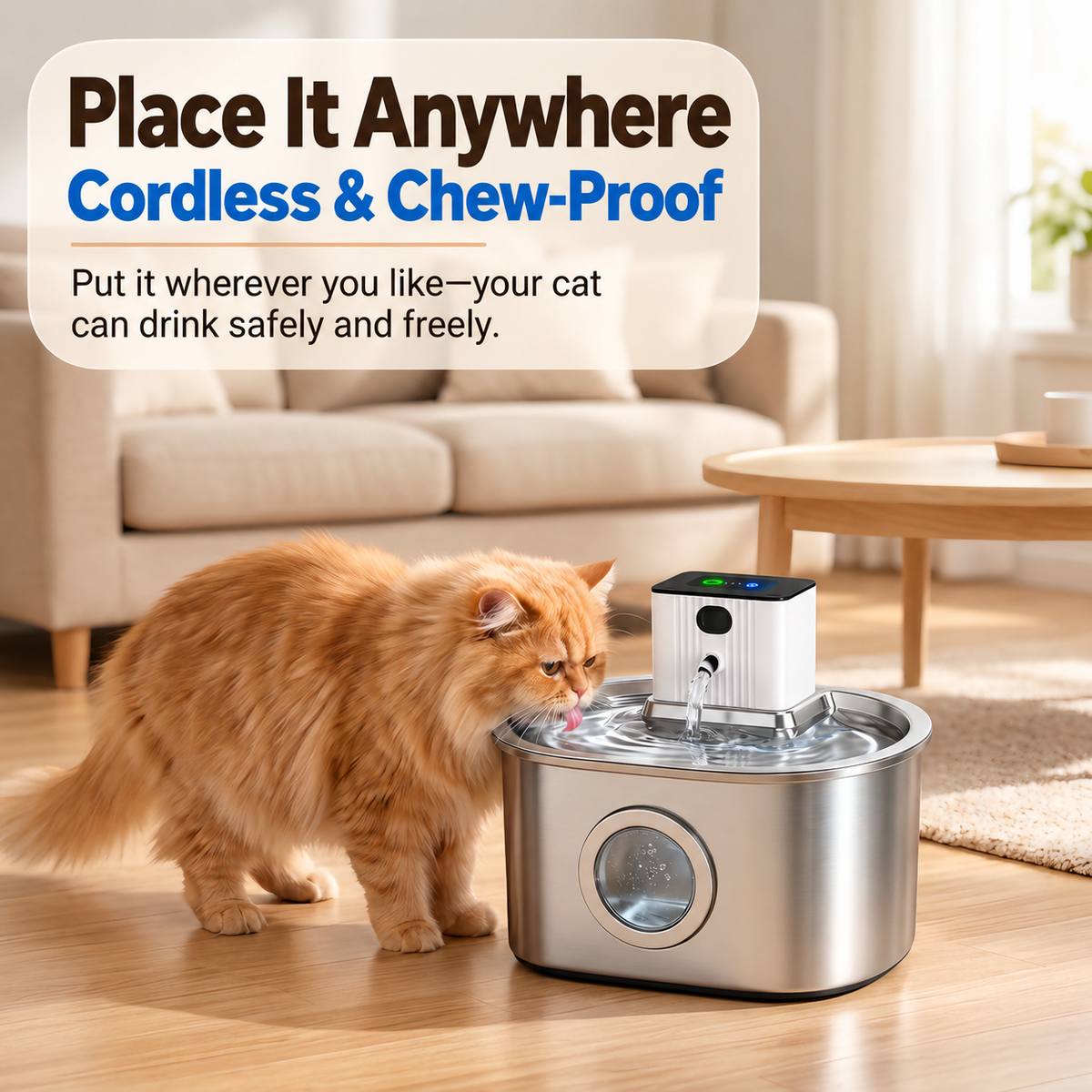 Stainless Steel Pet Water Fountain Rechargeable Filtered Cat & Dog -P3
