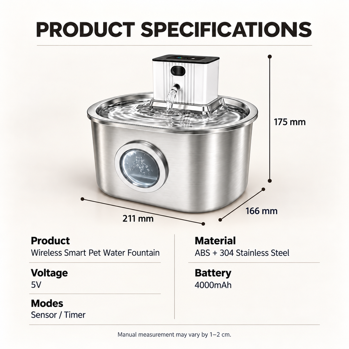Stainless Steel Pet Water Fountain Rechargeable Filtered Cat & Dog -P3