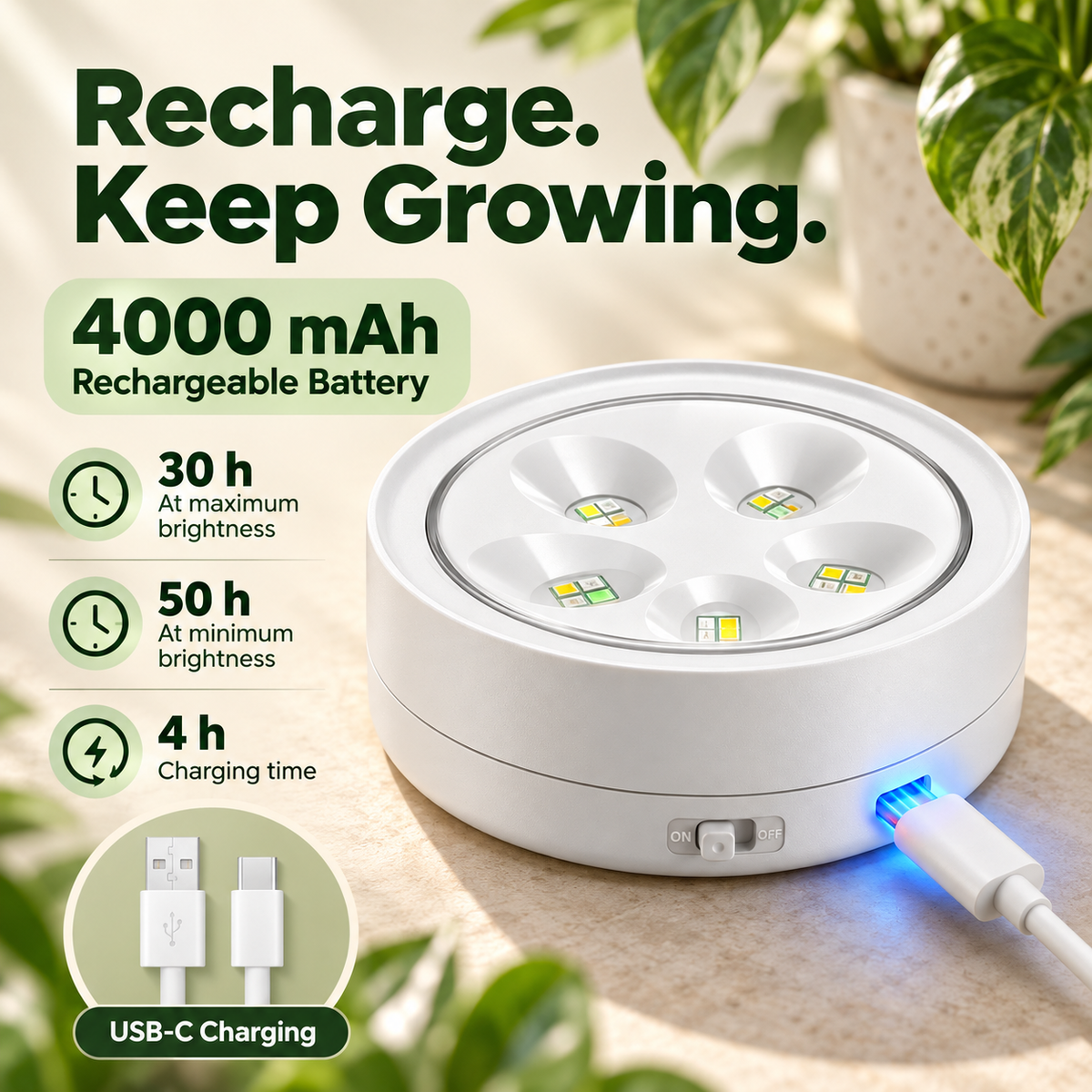 USB Rechargeable Magnetic Full Spectrum Grow Light for Indoor Plants