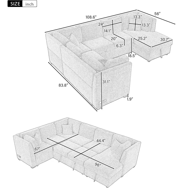 Oversized U Shaped Convertible Sleeper Sectional Sofa Couch With USB