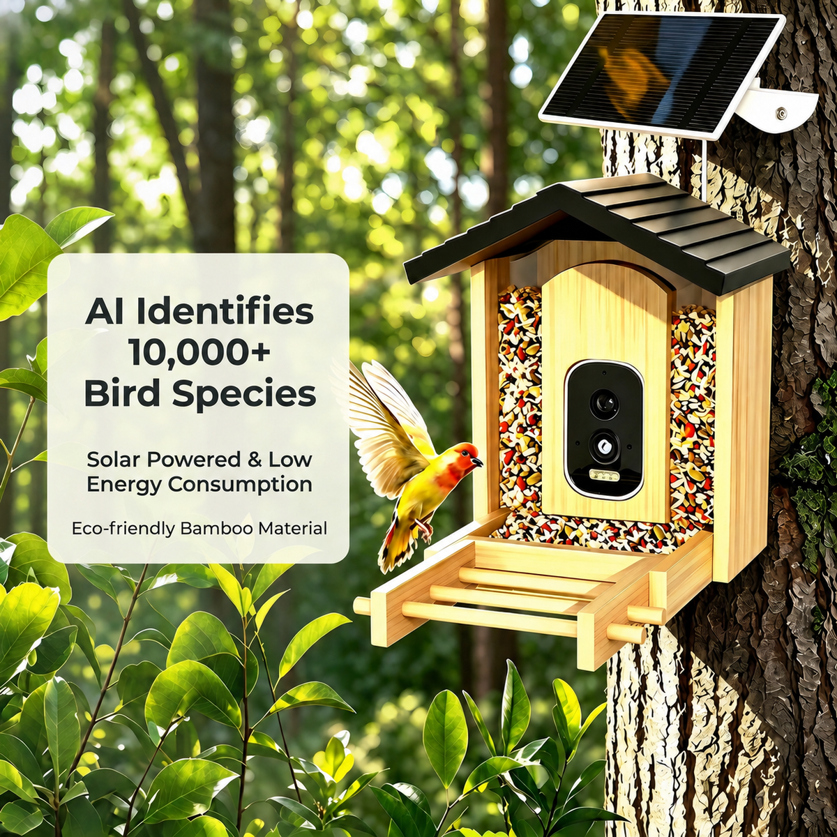 Solar Smart Bird Feeder with AI Camera & Bamboo Wood - B1