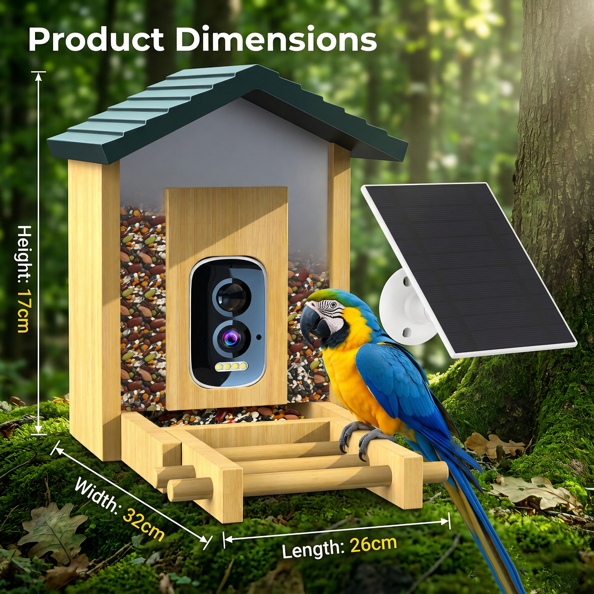 Solar Smart Bird Feeder with AI Camera & Bamboo Wood - B1
