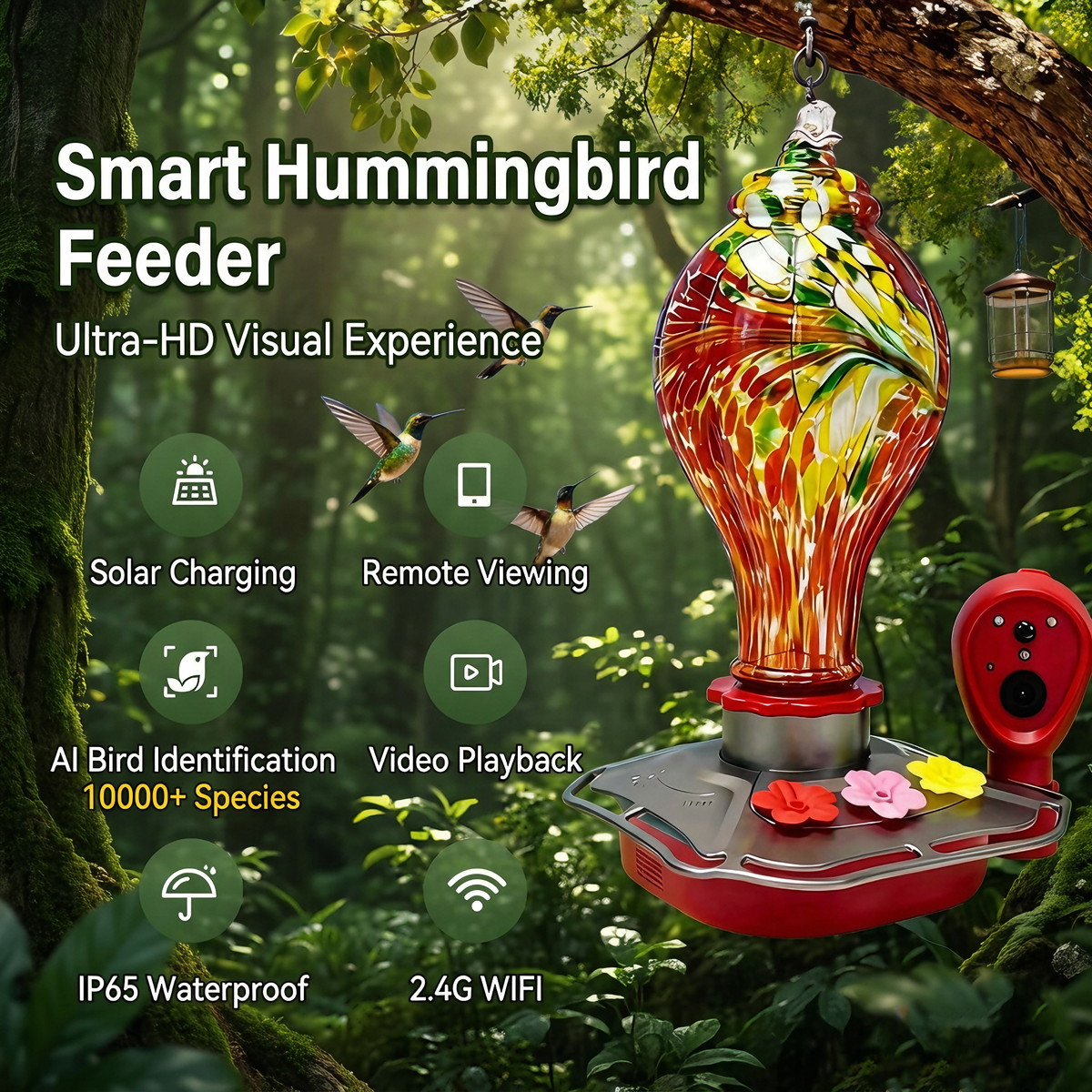 Solar Glass Hummingbird Feeder With Camera AI Waterproof -B2