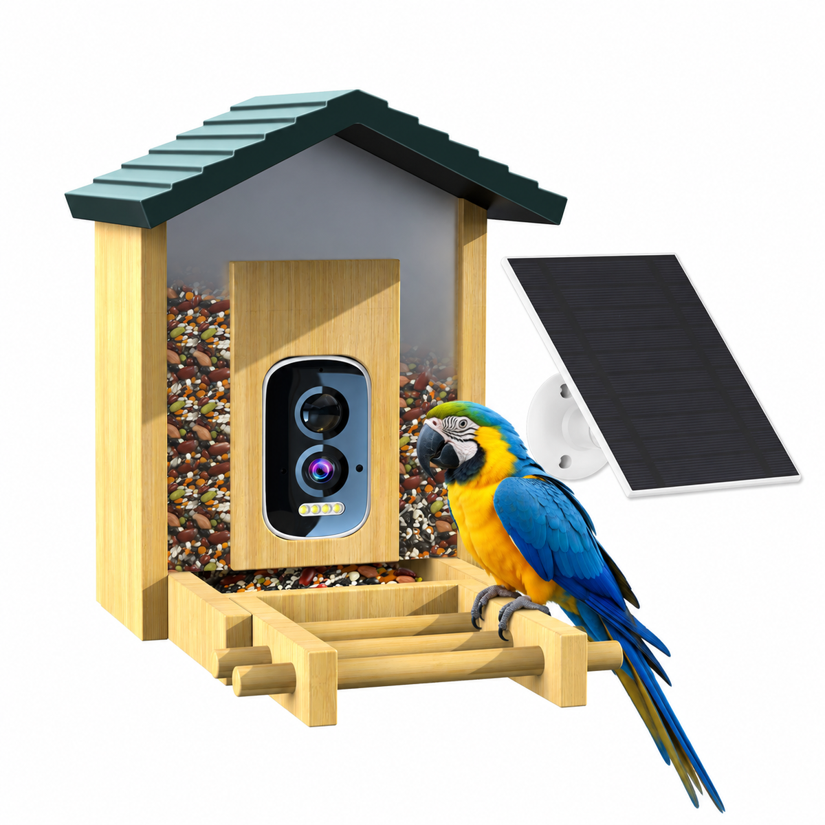 Solar Smart Bird Feeder with AI Camera & Bamboo Wood - B1