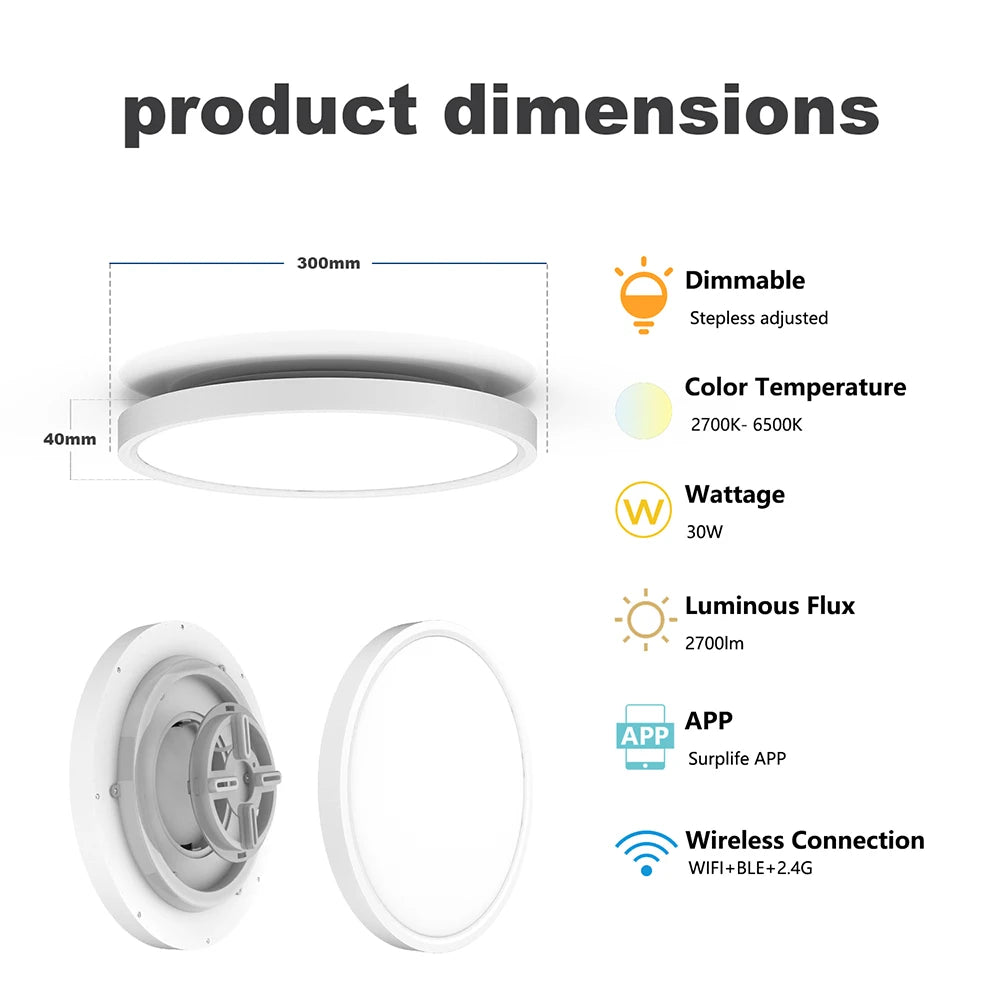 LED Ceiling Light 30W Round Flat Panel Light WiFi RGBIC/CCT/RGB 2700K-6500K