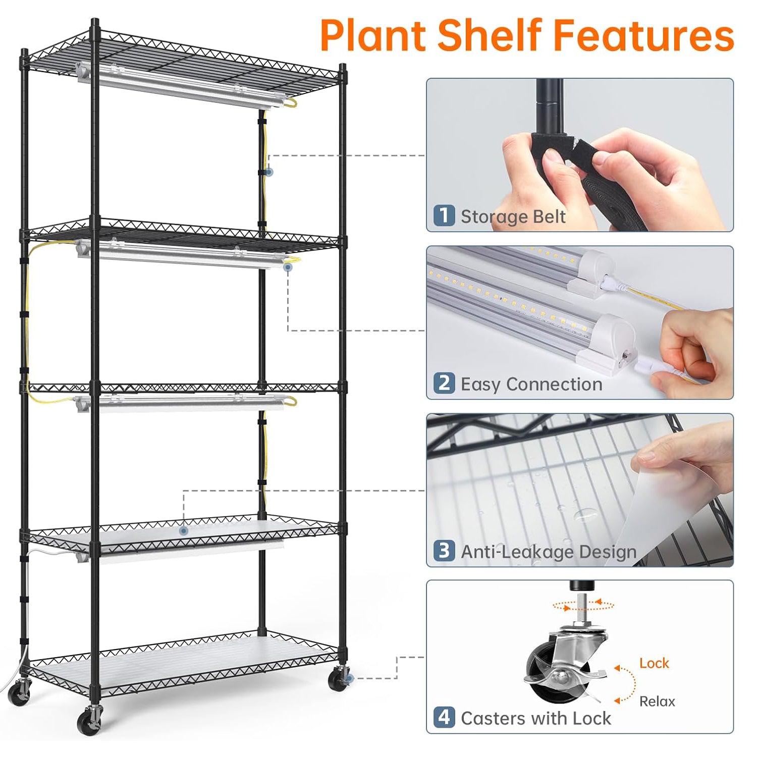 5-Tier Plant Stand with T8 24W Grow Light for Indoor Plants with Wheel