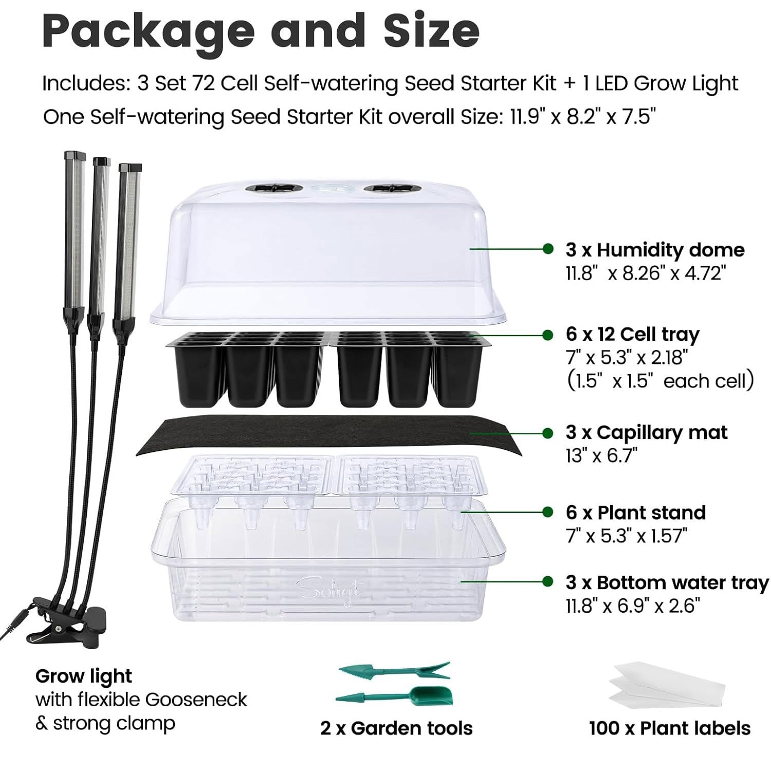 72 Cell Self Watering 3 Seed Starter Trays with Grow Light with Humidity Domes