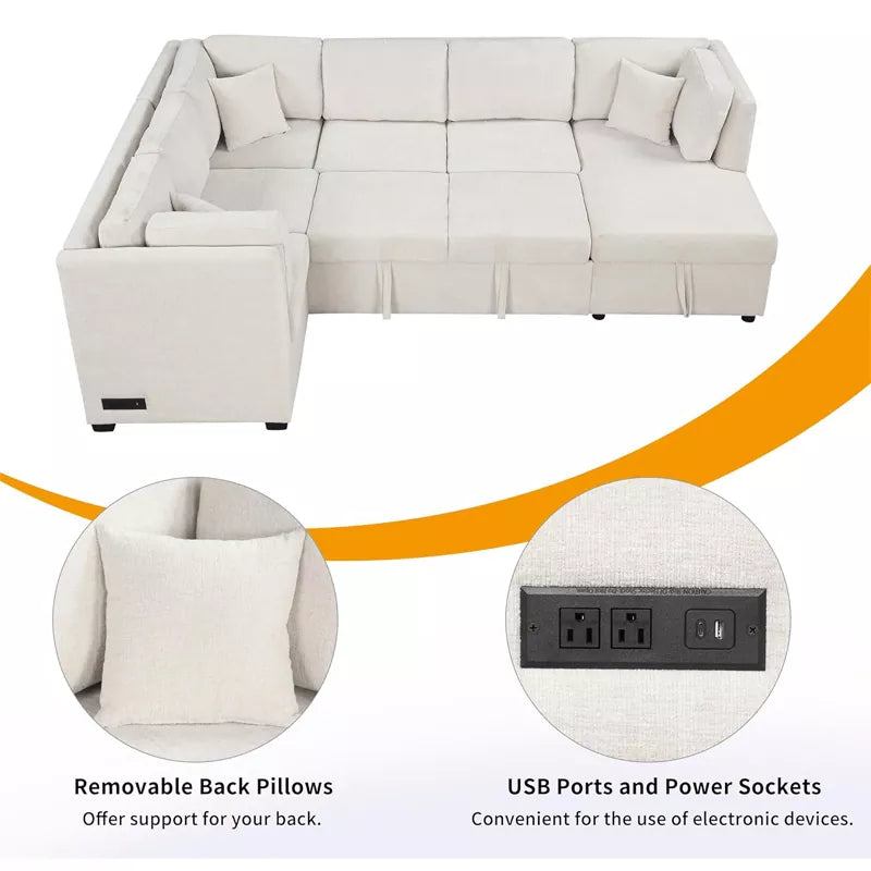 Oversized U Shaped Convertible Sleeper Sectional Sofa Couch With USB