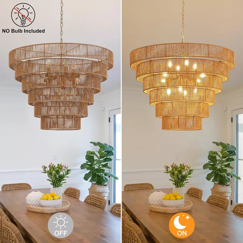 Hand-Woven Rattan Chandelier Vintage Farmhouse 12-Lights Boho