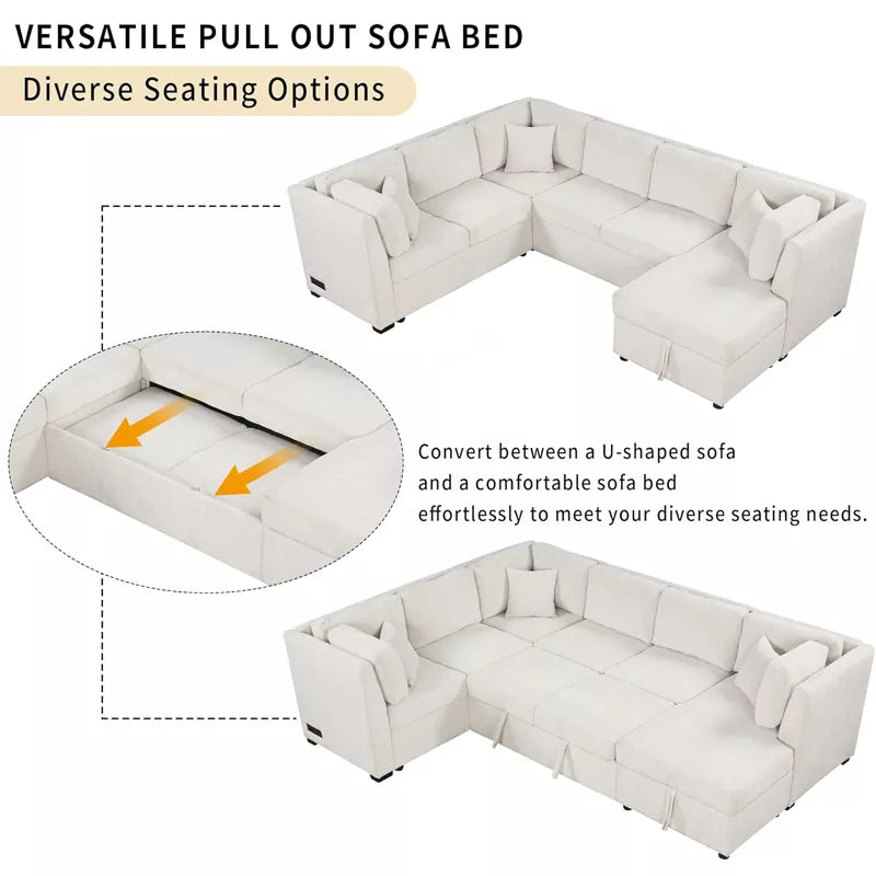 Oversized U Shaped Convertible Sleeper Sectional Sofa Couch With USB