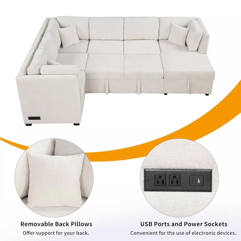 Oversized U Shaped Convertible Sleeper Sectional Sofa Couch With USB