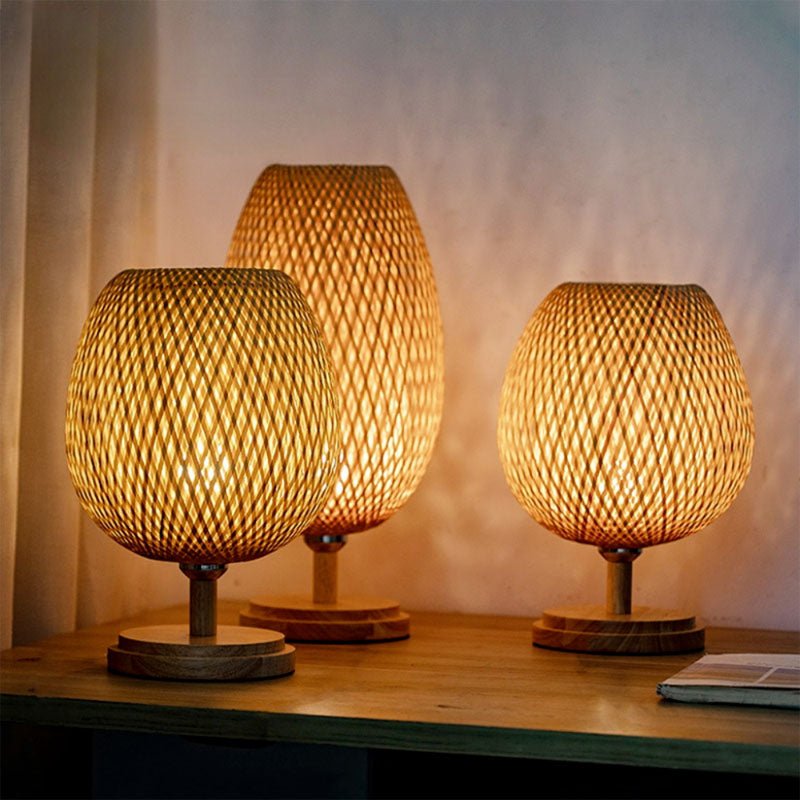 Small Rattan Table Lamp Stepless Dimmable Vintage Wicker Wooden Nightstand - ktvhomes