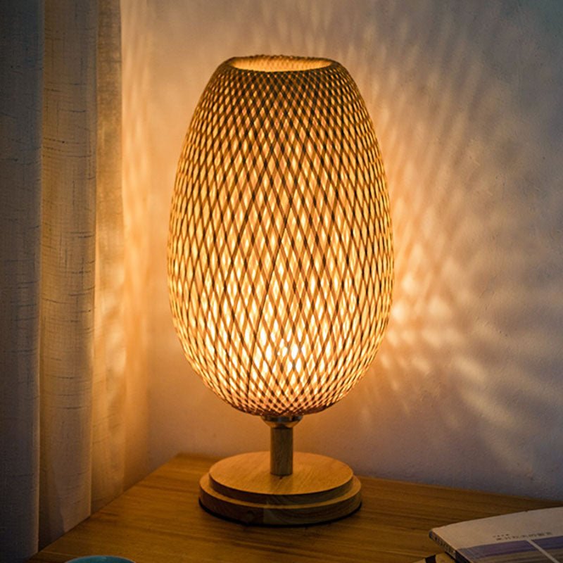 Small Rattan Table Lamp Stepless Dimmable Vintage Wicker Wooden Nightstand - ktvhomes