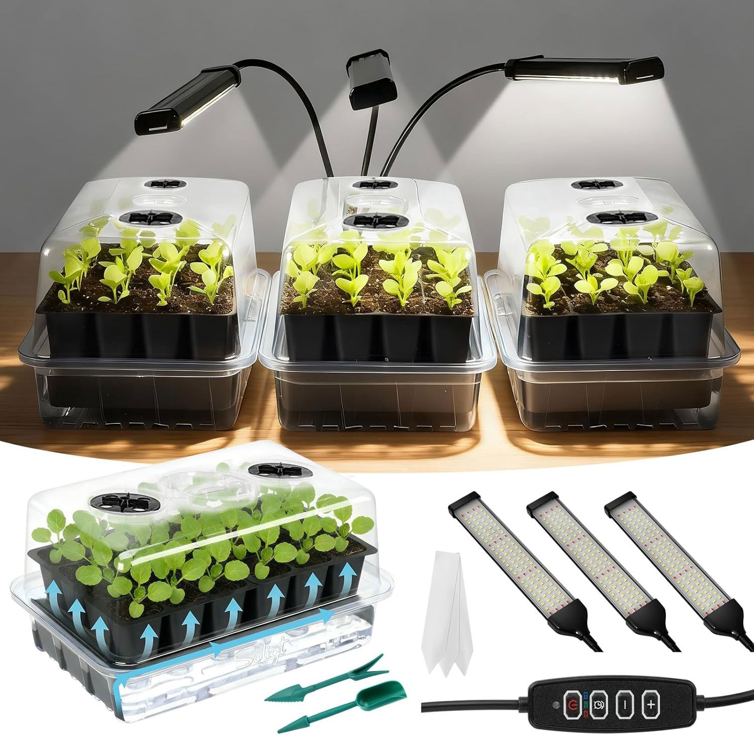 72 Cell Self Watering 3 Seed Starter Trays with Grow Light with Humidity Domes